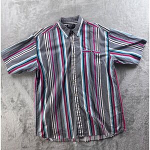 Impact Mens Vertical Stripe Button Up Shirt XL Gray Retro‎ Y2K Short Sleeve